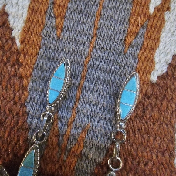 Large 2in Turquoise Sterling Inlayed Post Dangle Native American Earrings - Picture 3 of 7